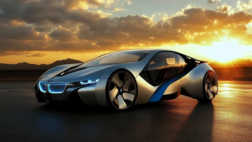 Sleek BMW concept coupe under fiery coastal sunset sky.