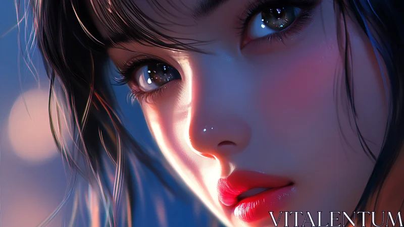 Soft neon gaze under city lights, caught in quiet wonder.