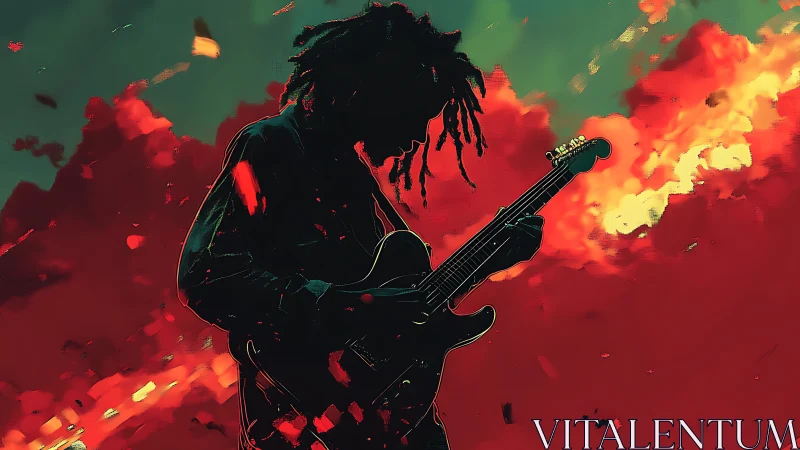 Guitarist silhouette erupts against fiery abstract clouds.