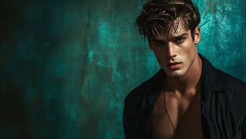 Male model stares at camera against teal textured wall