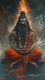 Ascetic yogi in fiery meditative trance, digitally rendered.