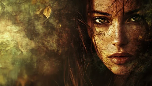 Female face merged with textured earth-toned abstract field.