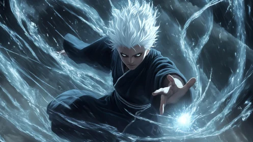 White haired anime sorcerer shaping dynamic water energy sphere