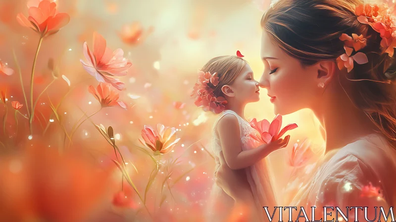 Mother and Child in Floral Setting with Warm Lighting