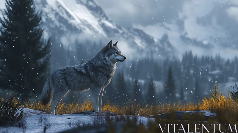 Solitary gray wolf in snowy conifer forest with mountains.