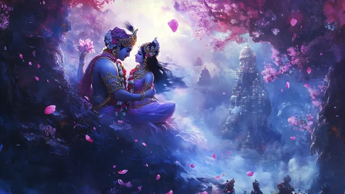 Divine lovers embrace under glowing sky above mystic temple