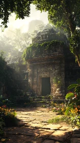 Sunlit jungle temple doorway inviting quiet exploration.