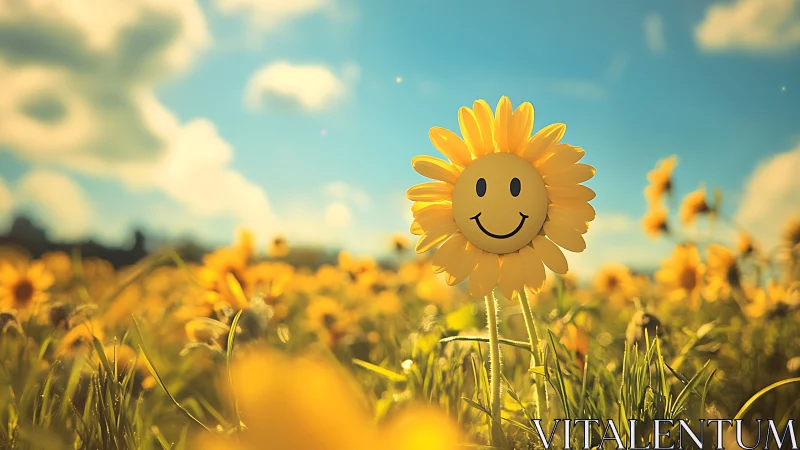 Smiling sunflower character glows in a dreamy summer meadow