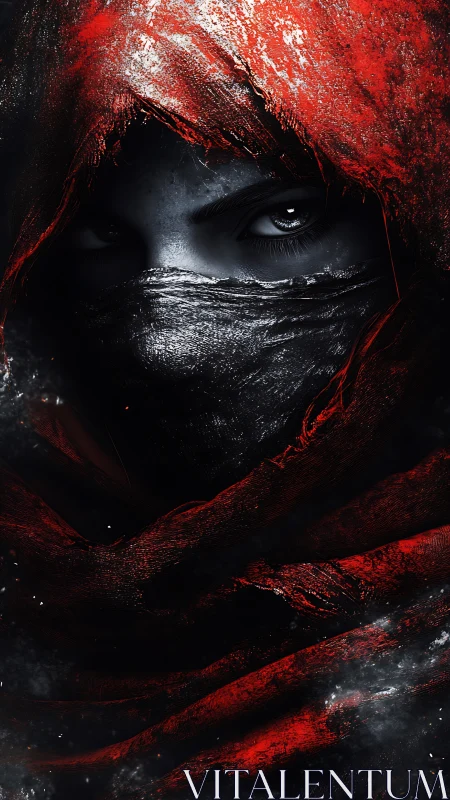 Crimson shroud assassin staring through storm-burned veils.