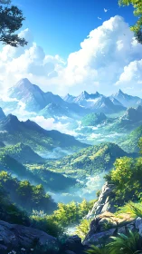 Sunlit mountain valley stretches beneath towering summer clouds