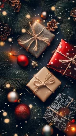 Photorealistic Christmas flatlay with gifts and evergreen accents.