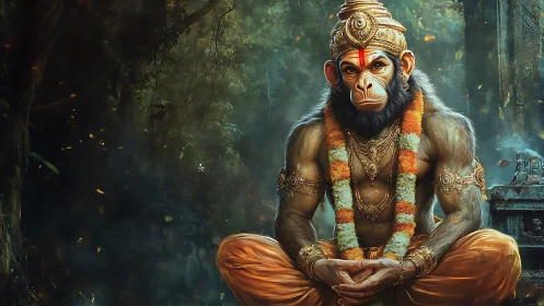 Serene monkey warrior deity resting in a glowing jungle temple.