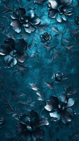 Metallic Blue Flowers on Textured Teal Background.