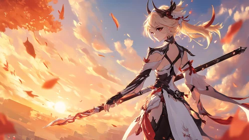 Sunset warrior poised in swirling autumn light.