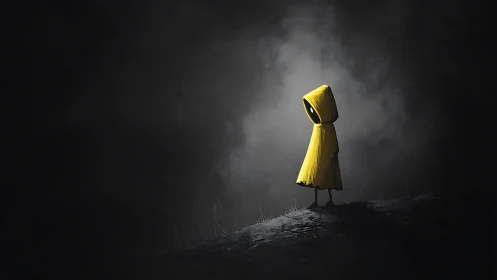 Lonely hooded wanderer in yellow coat glows against darkness