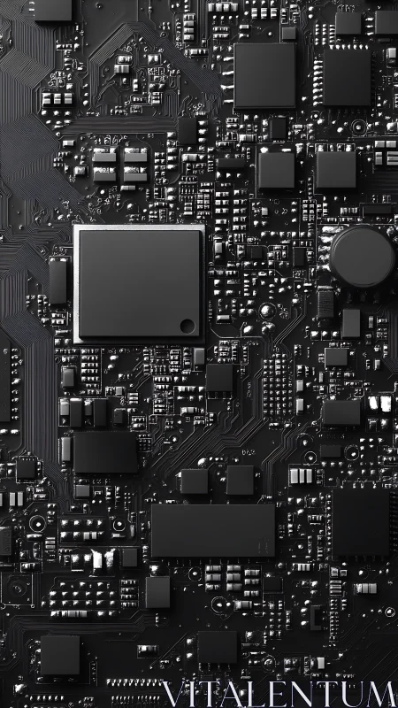 Monochrome circuit board with dense microchip layout.