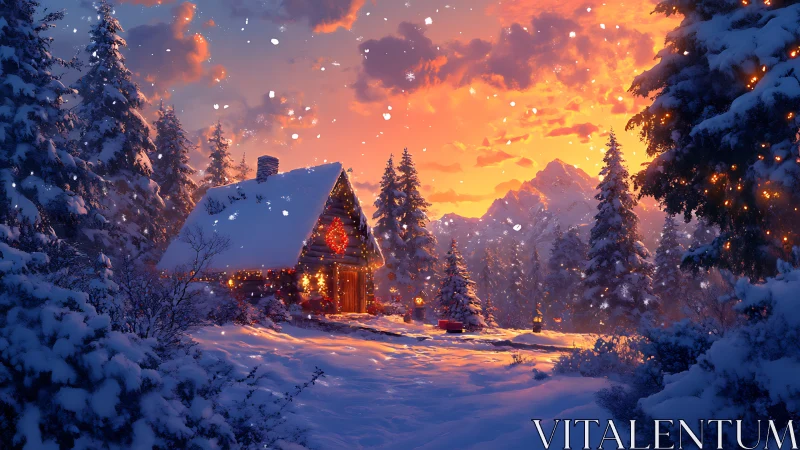 Snow cabin glows under blazing winter sunset sky.