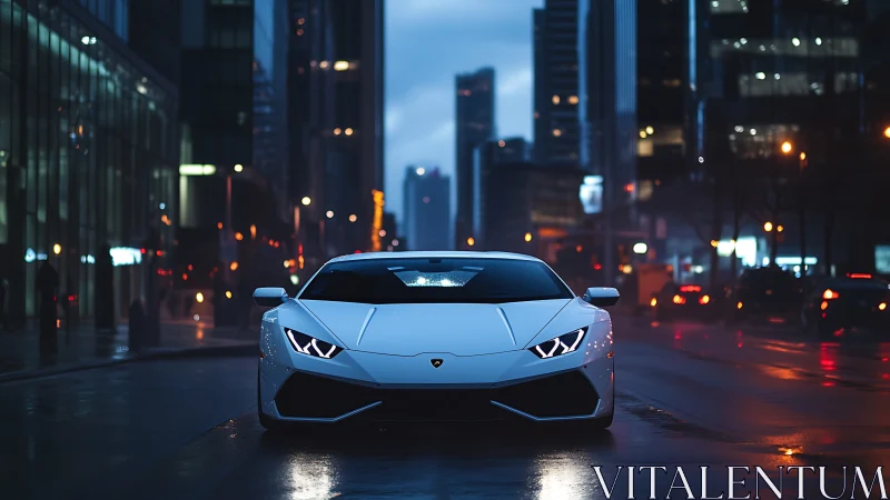 White sports coupe on wet city street at dusk, front view.