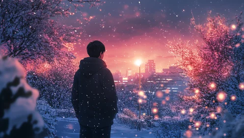 Solitary figure viewing winter cityscape at dusk.