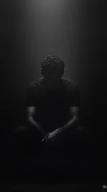 Low‑key portrait isolates seated figure with top‑down spotlight contrast