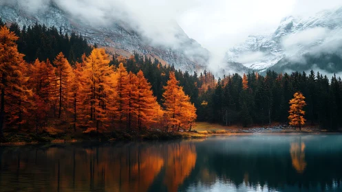 Autumn forest reflections beneath misty alpine peaks.