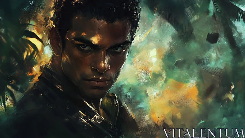 Intense jungle portrait with cinematic brushwork lighting.