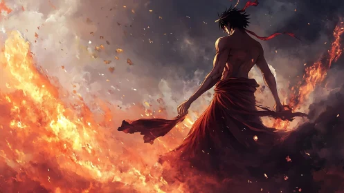 Shirtless warrior stands in swirling fire and smoke sky.