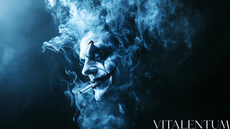 Smoky trickster grins in blue haze, half-born from darkness.