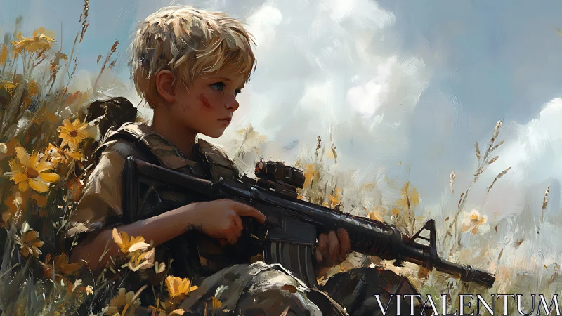 Young child resting in wildflower field with quiet resolve.