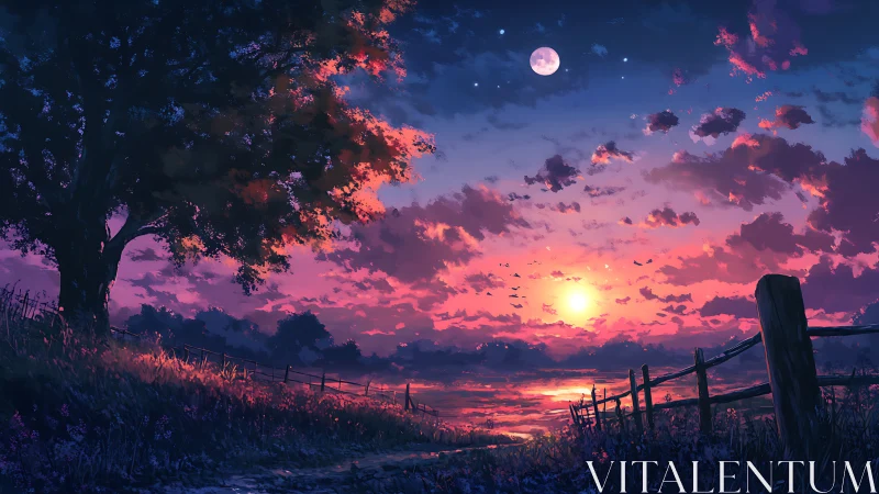 Dual-luminous countryside skyline under cinematic twilight gradient.