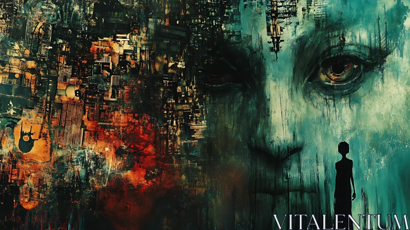 Colossal cybernetic visage dominates fragmented neon cityscape