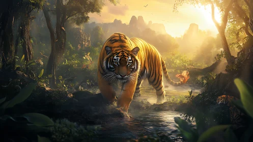 Sunlit jungle tiger stepping softly through glowing waters.