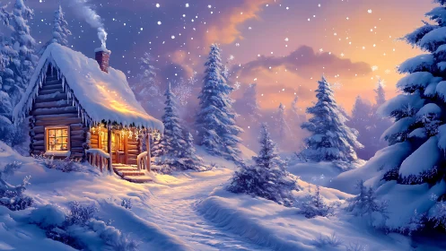 Snow-kissed cabin glows under storybook winter twilight.