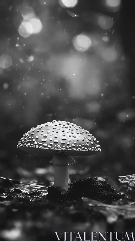 Monochrome macro study of rainlit forest mushroom form.