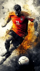 Soccer player in mid-air kick with abstract particle effect.