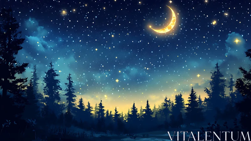 Crescent moon above dense conifer forest at twilight.