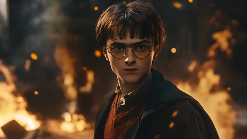 Photorealistic teen wizard portrait amid dynamic firestorm lighting.