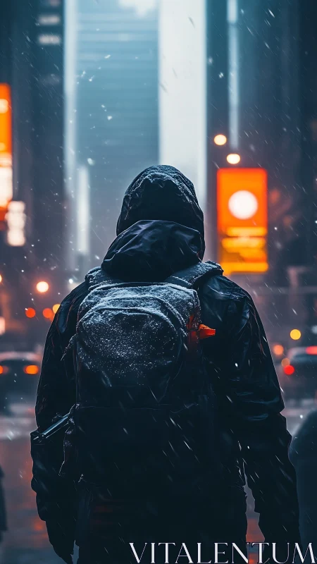 Hooded figure with backpack in snowy urban night scene.