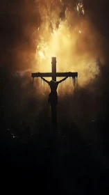 Backlit crucifix silhouette against dense atmospheric fire halo