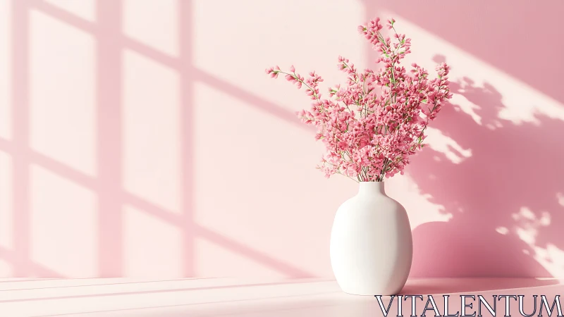 Soft directional lighting defines white vase with pink florals