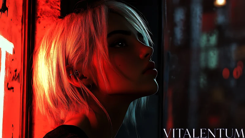 Profile of woman in red neon light at night window.