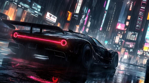 Sleek sports car under neon lights in rainy city street.