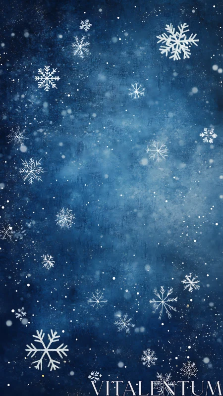 Snowflakes drift like quiet constellations across deep blue
