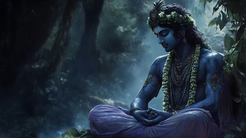 Serene blue deity in moonlit forest meditation pose.