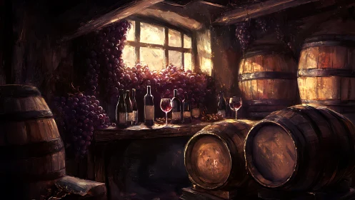 Cellar sunlight steeps grapes, barrels, and wine in quiet amber glow