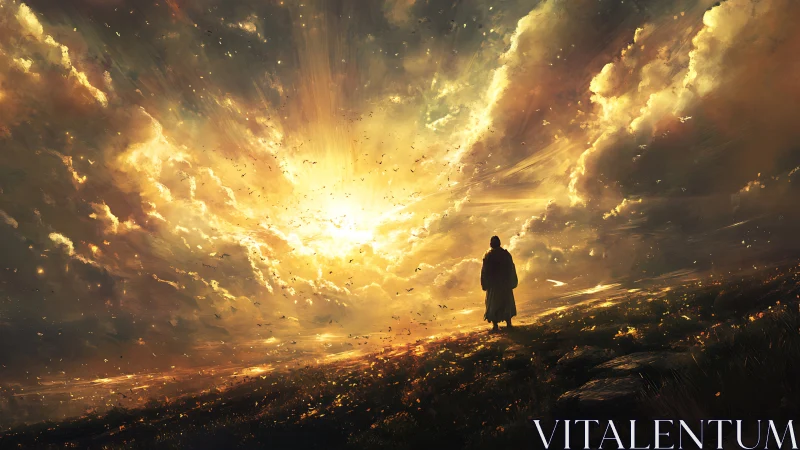 Solitary wanderer greeting a sky of radiant possibility.