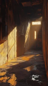 Photorealistic derelict corridor with dramatic raking light.