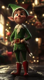 Festive elf character in warm bokeh-lit toy workshop scene.