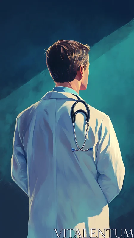 Solitary doctor in teal light, listening to silent futures.