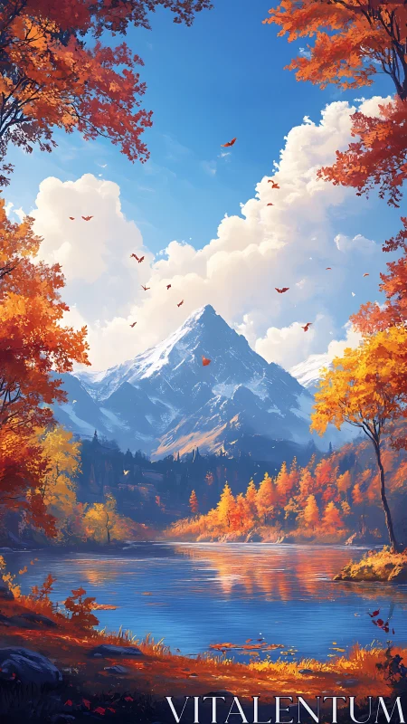 Autumnal alpine lake under cumuliform cloud architecture.